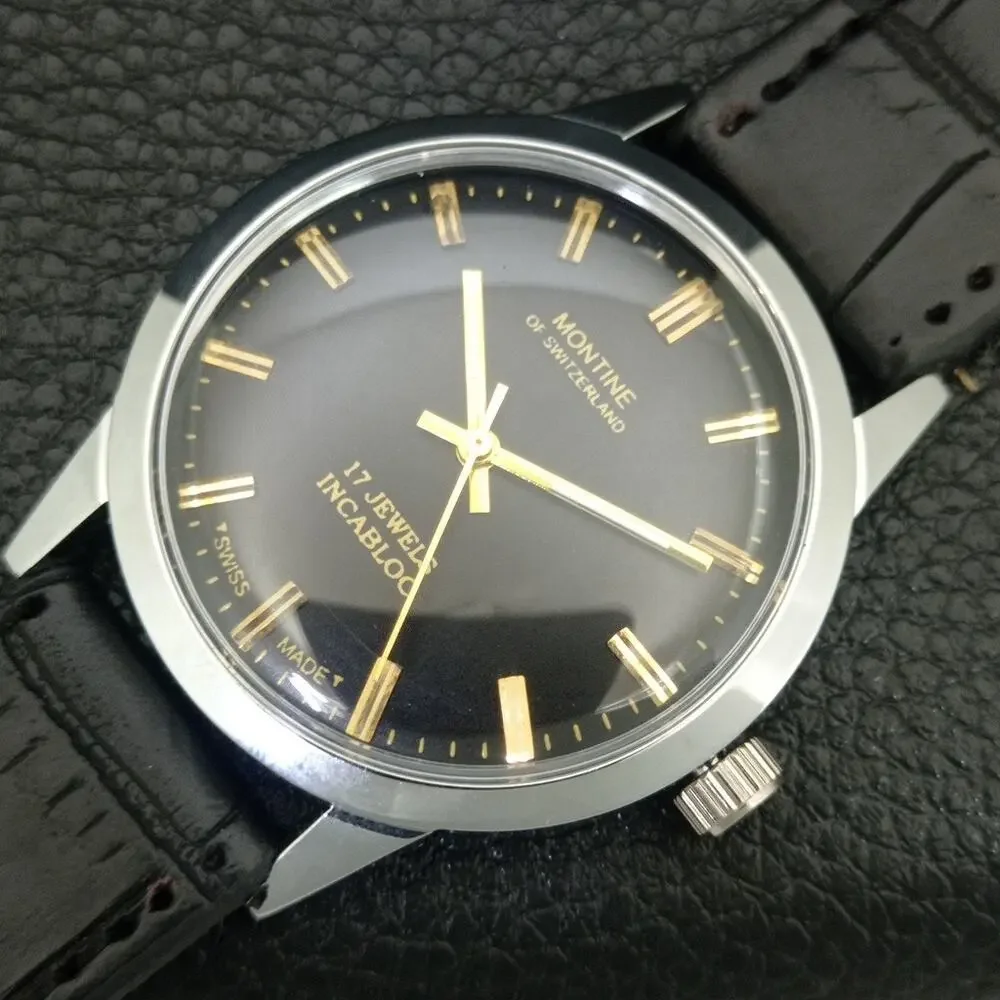 Vintage 1976 Montine Of Switzerland Manual Mens Silver Watch W/Leather Strap